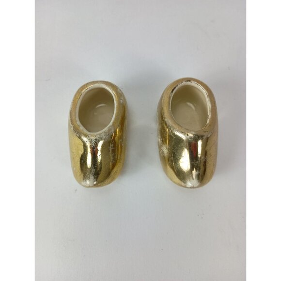 Pair Of Dutch Shoes Gold Ceramic Small Figurine Statue Vintage - Picture 2 of 8